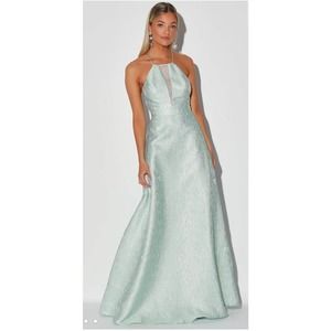 Lulus metallic blue open back maxi dress with halter neck size medium